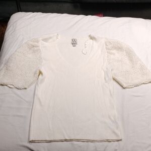 Worthington Cream Ribbed V Neck Knit Top Size XL